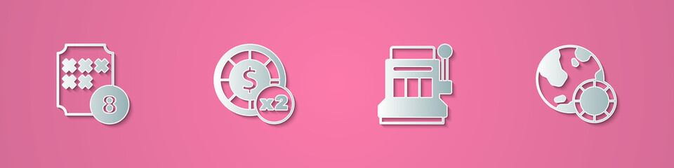 Set paper cut Lottery ball on bingo card, Casino chips, Slot machine and icon. Paper art style. Vector