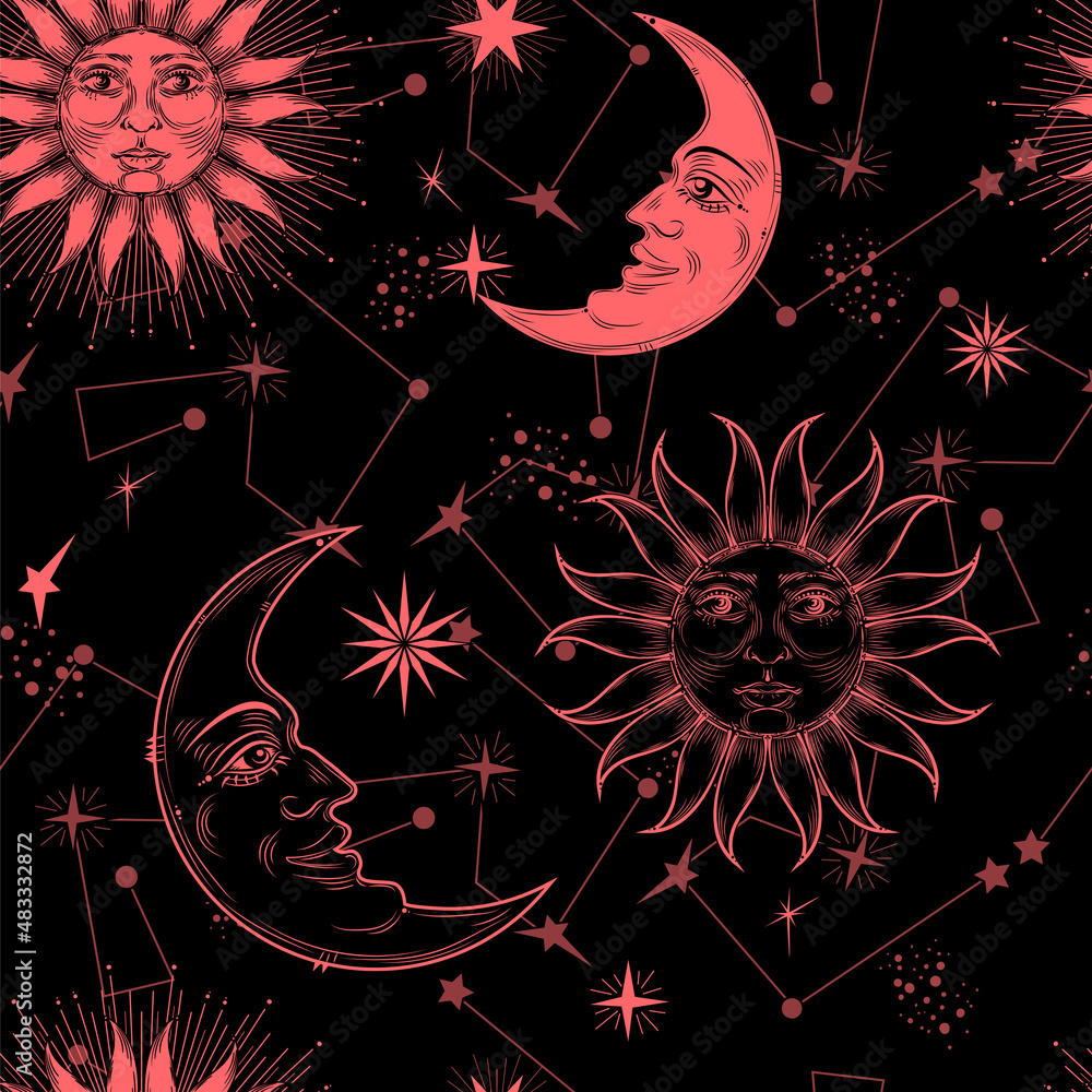 Wall mural Mystical, magical cosmic seamless background with Sun and the Crescent, as well as stars and comets. Esoteric background. Divination, astrology, horoscope, tarot cards. Engraving style.