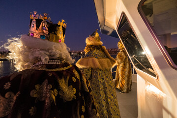 Tarragona, Spain - January 5, 2020: Arrival of Three Kings in port of Tarragona by ship.