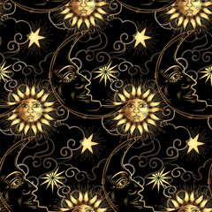 Mystical, magical cosmic seamless background with Sun and the Crescent, as well as stars and comets. Esoteric background. Divination, astrology, horoscope, tarot cards. Engraving style.