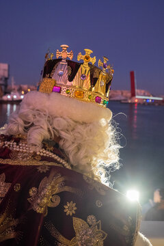 Tarragona, Spain - January 5, 2020: Arrival of Three Kings in port of Tarragona by ship.