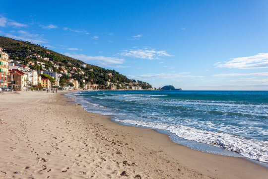 the beach of alassio, in the riviera di ponente coast, in liguria, on a clear November morning