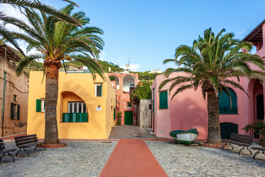 a view of the colorful houses and the beach of the village of Varigotti, in the province of Savona.