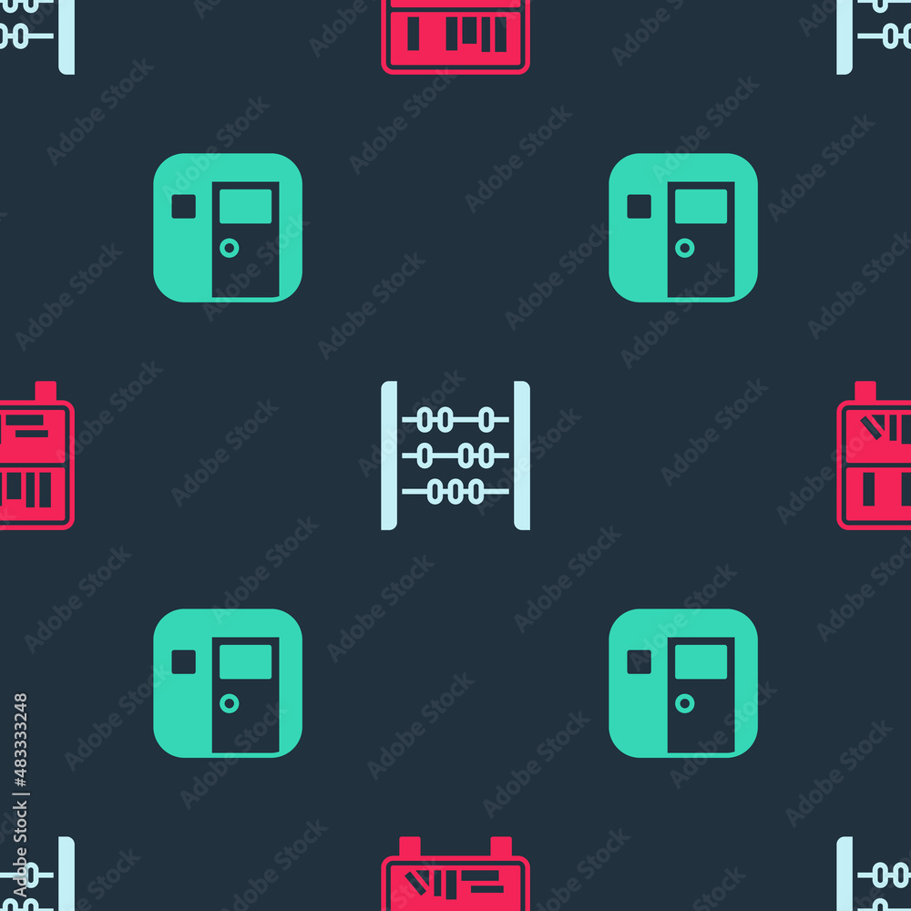 Poster set shelf with books, abacus and school classroom on seamless pattern. vector