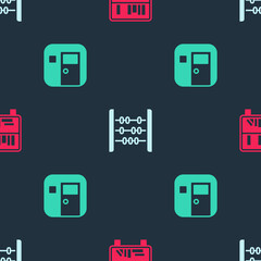 Set Shelf with books, Abacus and School classroom on seamless pattern. Vector