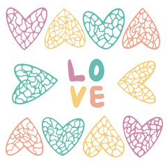 Fototapeta premium LOVE hand drawn lettering and set of abstract neurographic mosaic heart. Valentines Day poster, card, invitation and banner. Romantic bright kids style vector illustration.