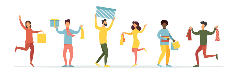 Seasonal discounts. People are shopping. Vector illustration.