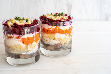 Dressed Herring or Herring Under Fur Coat. Traditional Russian salad.