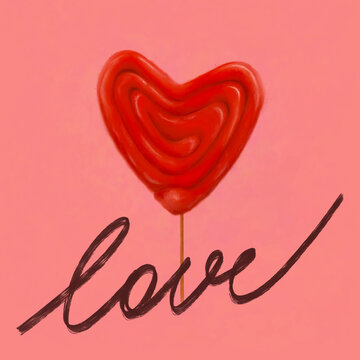 Illustration of red caramel candy heart lollipop with caption love