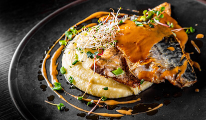 Fillet of mackerel with mashed potatoes and celery on dark background