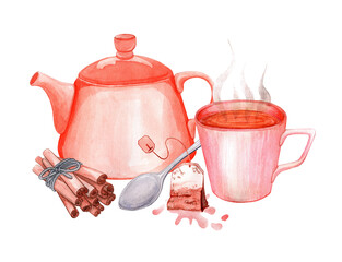 Watercolor cozy tea party. Ceramic teapot, hot drink mug, cinnamon couples, metal teaspoon. Autumn mood. Hand drawn illustration isolated on white background.
