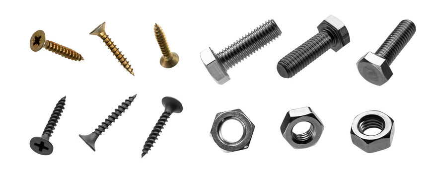 Screws, bolts and nuts on a white background
