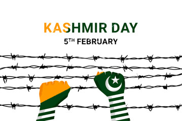 Kashmir Day 5th February Translation Kashmir Solidarity Day. Kashmir Map, Flag and Barbwire
