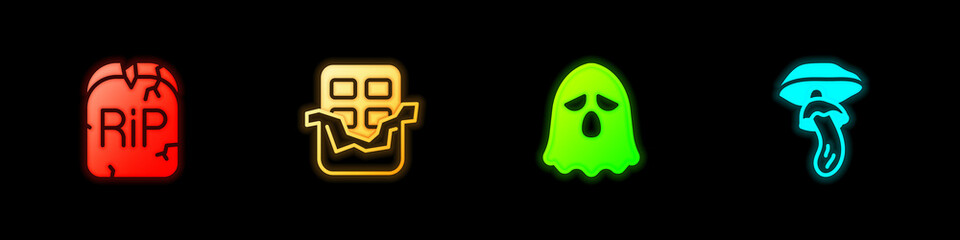Set Tombstone with RIP written, Chocolate bar, Ghost and Psilocybin mushroom icon. Vector