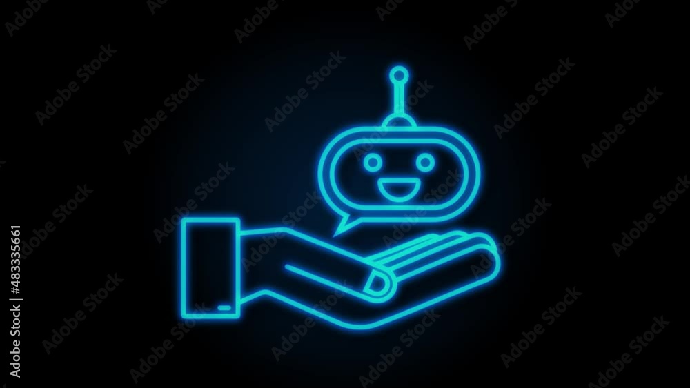 Canvas Prints Cute smiling robot in hands Neon icon. Voice support service bot. Motion Graphic