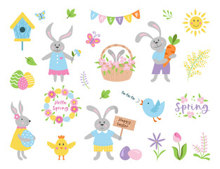 Easter spring set with cute bunnies, birds, butterflies, flowers, plants, eggs and other drawings. Easter decoration design elements. Vector cartoon illustrations.