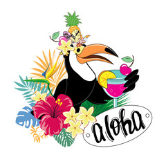 Vector illustration of funny bright toucan with cocktail and tropical leaves. Summer card, lettering aloha
