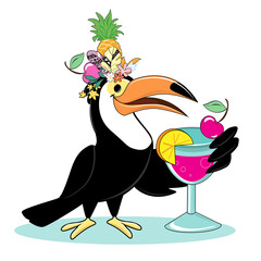 Cute summer toucan is drinking a cocktail on a white background. Vector illustration isolated. T-shirt design for kids, flyers, birthday decorations