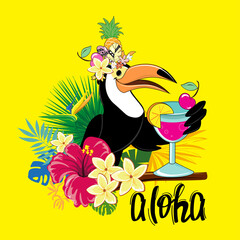 Vector illustration of funny summer toucan with cocktail and tropical leaves. Summer card, lettering aloha on a yellow background