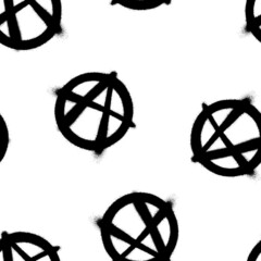 Seamless pattern of sprayed anarchy symbol. Vector illustration with overspray in black over white. - obrazy, fototapety, plakaty