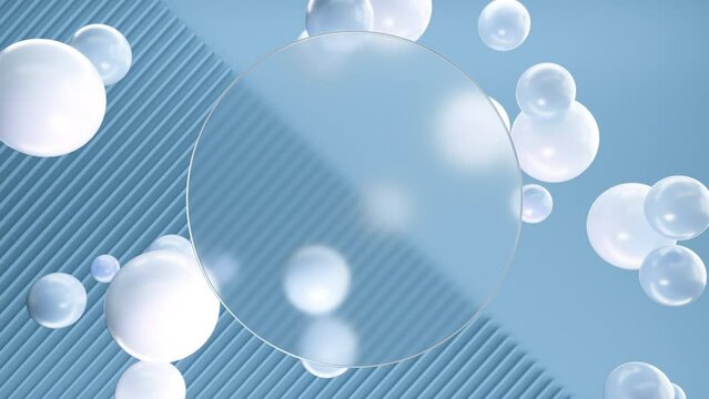 Frosted circle glass for inscriptions or logos with blue round spheres on a background of blue 3D lines and half a blank wall. Abstract rendering of intro video. Seamless looping animation.