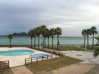 제주도 금릉 수영장이 잇는 게스트 하우스, 흐린나르 야자수, 바다뷰 / Guest house with Geumneung Swimming Pool in Jeju Island, cloudy palm trees, ocean view