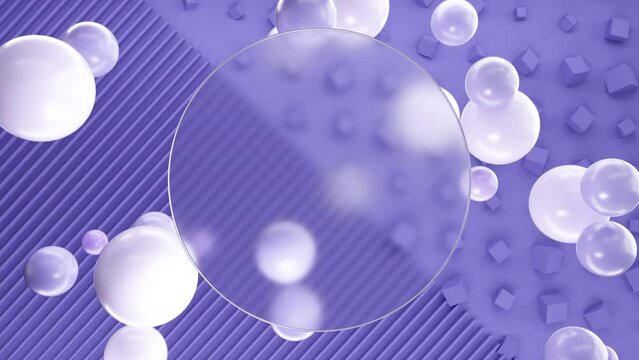 Frosted circle glass for inscriptions or logos with purple round spheres on a background of purple 3D lines and cubes wall. Abstract rendering of intro video. Seamless looping animation.