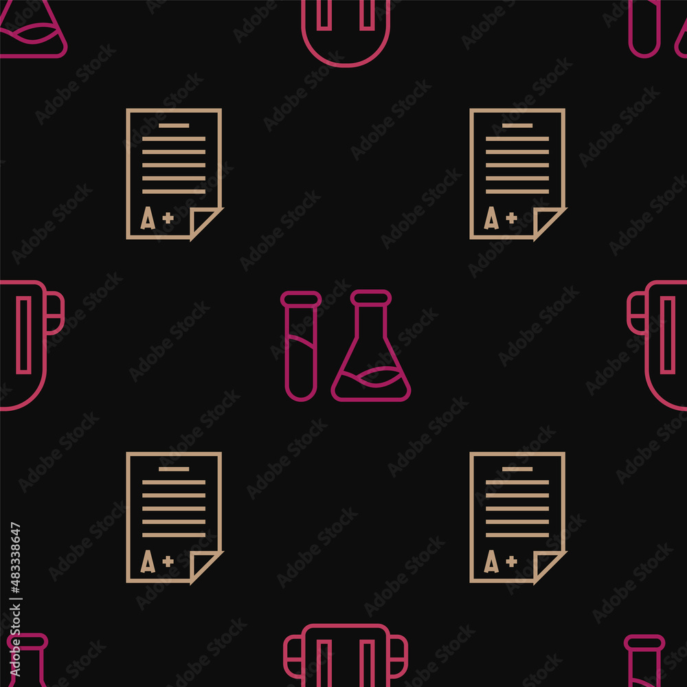 Poster set line school backpack, exam sheet with a plus grade and test tube and flask on seamless pattern. 