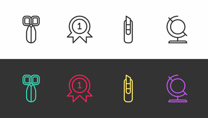 Set line Scissors, Medal, Stationery knife and Earth globe on black and white. Vector