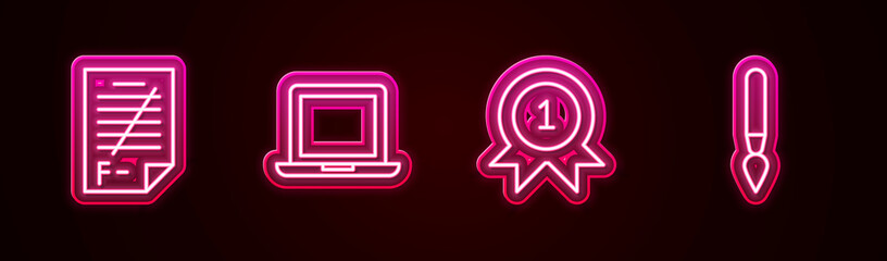 Fototapeta premium Set line Exam paper with incorrect answers, Laptop, Medal and Paint brush. Glowing neon icon. Vector