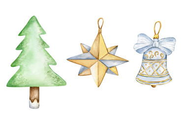 Naklejka na ściany i meble Watercolor vintage christmas tree toys, decorations, isolated on white background.