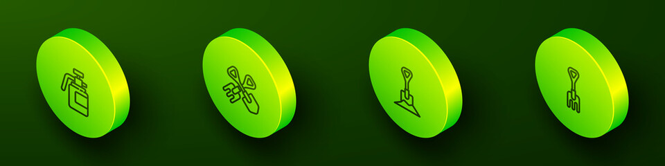 Set Isometric line Garden sprayer for fertilizer, Shovel and rake, in the ground and icon. Vector