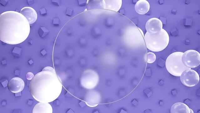 Frosted circle glass for inscriptions or logos with purple round spheres on a background of purple 3D cubes on the wall. Abstract rendering of intro video. Seamless looping animation.