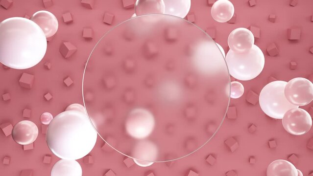 Frosted circle glass for inscriptions or logos with red round spheres on a background of pastel red 3D cubes on the wall. Abstract rendering of intro video. Seamless looping animation.
