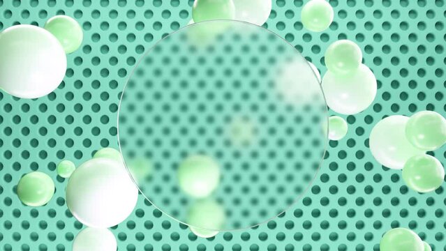 Frosted circle glass for inscriptions or logos with mint round spheres on a background of cayan 3D round grid on the wall. Abstract rendering of intro video. Seamless looping animation.