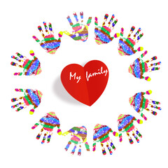 Prints of children's hands around the circle. The concept is my family with a paper red heart . The handprint icon. Vector illustration. EPS 10.