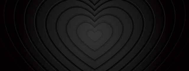 3d white rippled grey hearts with soft shadow on black background from center. Abstract elegant seamless pattern. Neumorphism ui style. Minimal embossed paper wallpaper. Luxure. Romantic sale banner