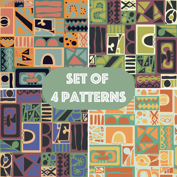 Set of African horizontal abstract patterns with geometric shapes in different colors. Black History Month.  Bright ethnic backgrounds