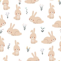 Seamless pattern with bunny, flowers. Colorful vector flat for kids. hand drawing. baby design for fabric, print, wrapper, textile