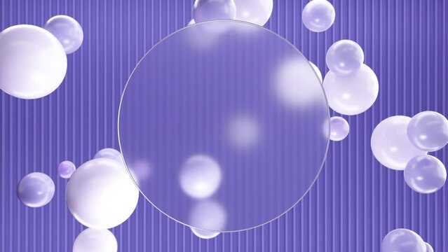 Frosted circle glass for inscriptions or logos with purple round spheres on a background of purple 3D lines on the wall. Abstract rendering of intro video. Seamless looping animation.