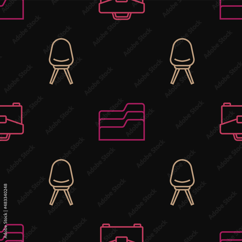 Aufkleber set line briefcase, office chair and document folder on seamless pattern. vector