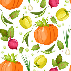 Seamless pattern  with fresh and ripe vegetables in flat style. Pattern for fabric or wrapping paper.
