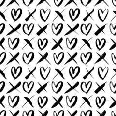 Phrase XO vector seamless pattern with hearts. Typography print for Valentine's day. Modern black brush calligraphy. Trendy texture with symbols of hearts and cross. Modern grunge background