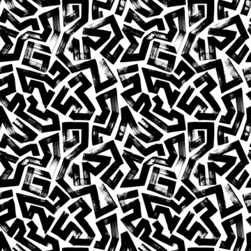 Abstract vector pattern with maze mosaic texture. Square and triangle scribble bold lines. Black paint geometric background. Labyrinth seamless puzzle. Grunge brush stroke pattern. Ink illustration