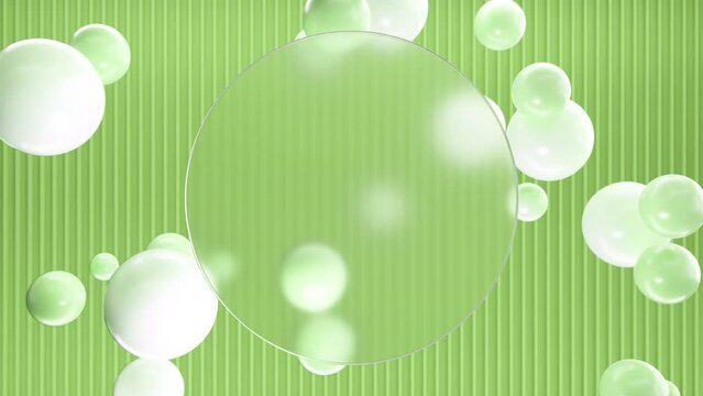 Frosted circle glass for inscriptions or logos with green round spheres on a background of light green 3D lines on the wall. Abstract rendering of intro video. Seamless looping animation.