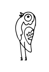 Funny bird in style of doodles. Fabulous cartoon character. Outline sketch. Hand drawing isolated on a white background. Vector
