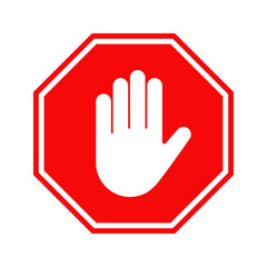 Obraz premium Stop hand gesture sign poster. Vector road sign with palm gesture. Traffic signal.