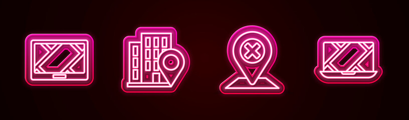 Fototapeta premium Set line Gps device with map, Location house, and City navigation. Glowing neon icon. Vector