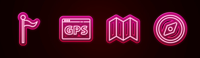 Set line Location marker, Gps device with map, Folded and Compass. Glowing neon icon. Vector