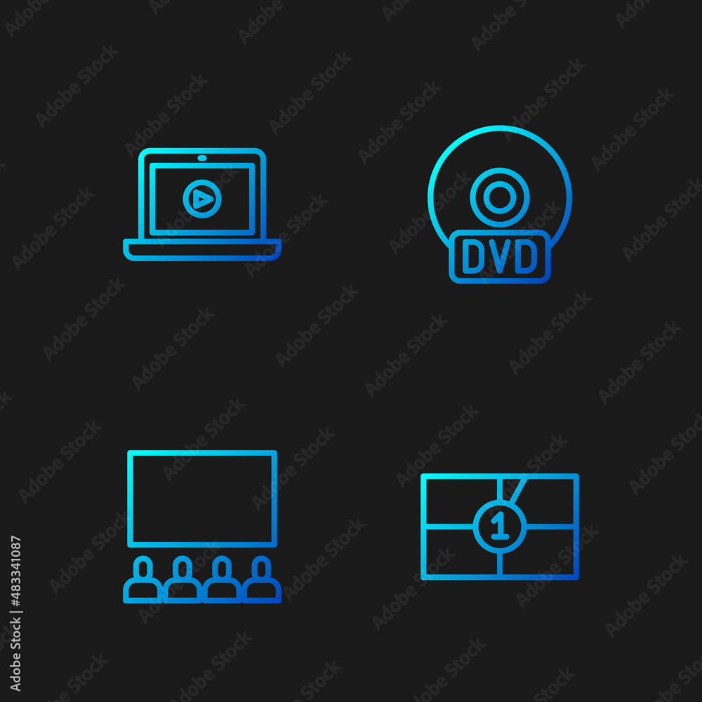 Poster Set line Old film movie countdown frame, Cinema auditorium with screen, Online play video and CD DVD disk. Gradient color icons. Vector